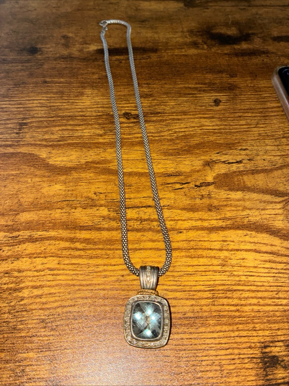 Silver-Tone Necklace with Blue-Green Faceted Pendant
